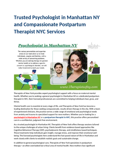 Trusted Psychologist in Manhattan NY and Compassionate Postpartum Therapist NYC Services