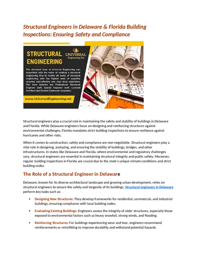 Structural Engineers in Delaware & Florida Building Inspections: Ensuring Safety and Compliance