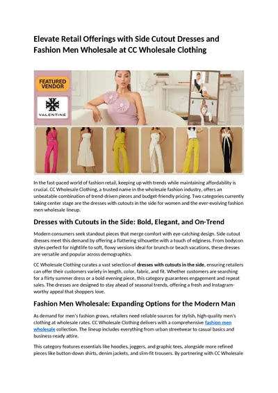 Elevate Retail Offerings with Side Cutout Dresses and Fashion Men Wholesale at CC Wholesale Clothing