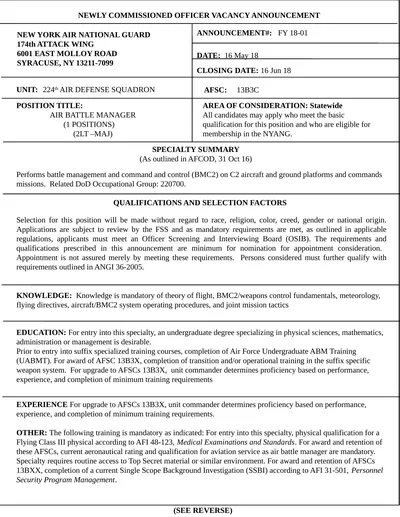 NEWLY COMMISSIONED OFFICER VACANCY ANNOUNCEMENT