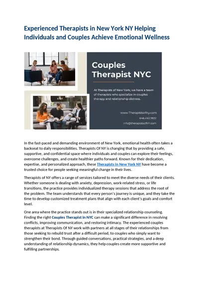 Experienced Therapists in New York NY Helping Individuals and Couples Achieve Emotional Wellness