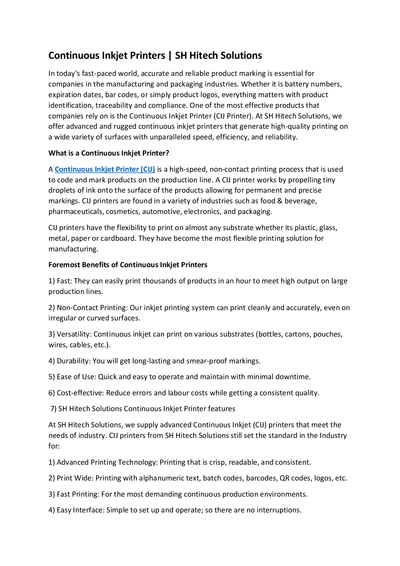 Continuous Inkjet Printers