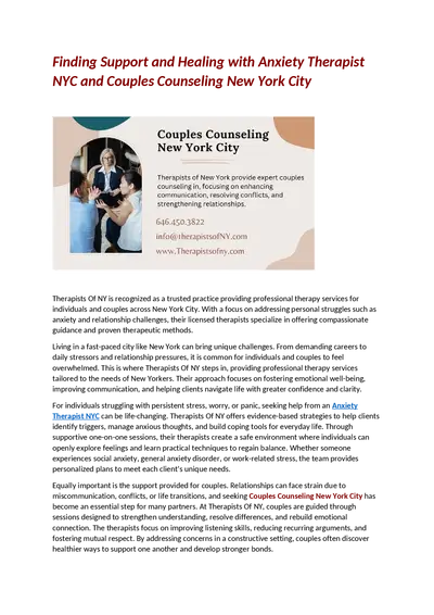 Finding Support and Healing with Anxiety Therapist NYC and Couples Counseling New York City