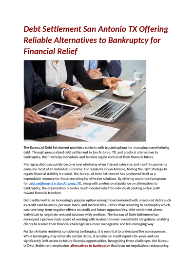 Debt Settlement San Antonio TX Offering Reliable Alternatives to Bankruptcy for Financial Relief