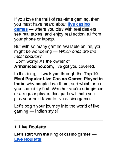 Top 10 Most Popular Live Casino Games Played in India