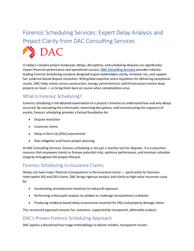 Forensic Scheduling Services: Expert Delay Analysis and Project Clarity from DAC Consulting Services