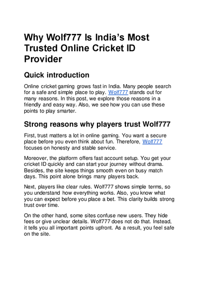 Why Wolf777 Stands Out as India’s Most Reliable Online Cricket ID Provider