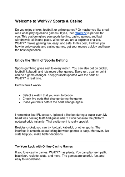 Experience Real Thrill with Wolf777 Sports & Casino Games!