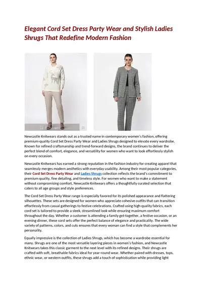 Elegant Cord Set Dress Party Wear and Stylish Ladies Shrugs That Redefine Modern Fashion