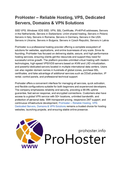 ProHoster – Reliable Hosting, VPS, Dedicated Servers, Domains & VPN Solutions