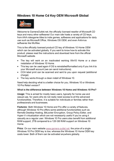 Windows 10 Home Cd Key OEM Microsoft Global