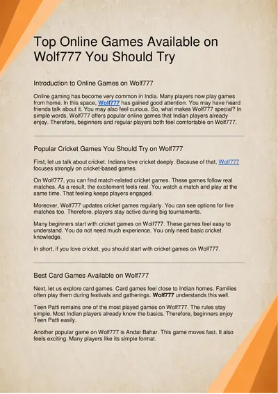 Top Online Games Available on Wolf777Cricket You Should Try