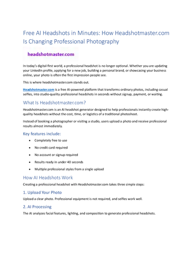 Free AI Headshots in Minutes: How Headshotmaster.com Is Changing Professional Photography