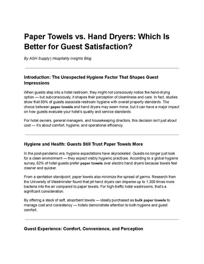 Paper Towels vs. Hand Dryers Which Is Better for Guest Satisfaction