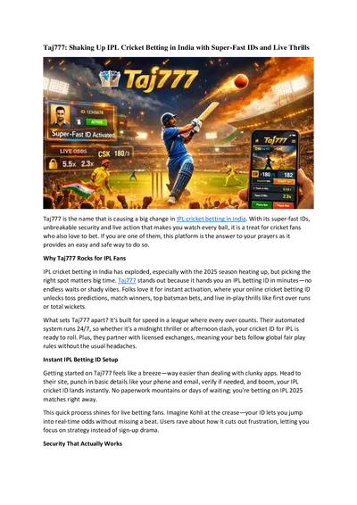 Taj777: Shaking Up IPL Cricket Betting in India with Super-Fast IDs and Live Thrills