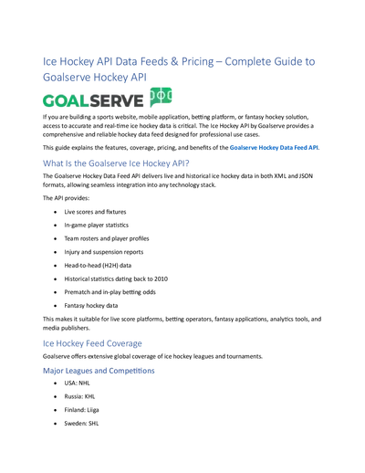 Ice Hockey API Data Feeds & Pricing – Complete Guide to Goalserve Hockey API