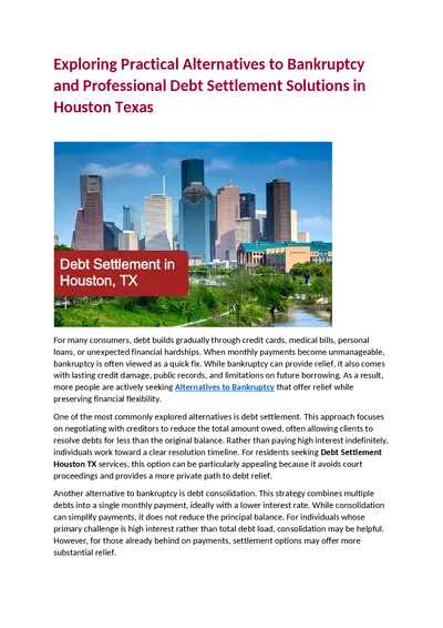 Exploring Practical Alternatives to Bankruptcy and Professional Debt Settlement Solutions in Houston Texas