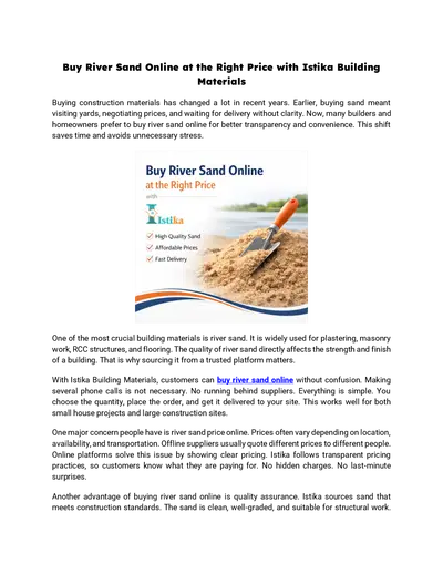 Buy River Sand Online at the Right Price with Istika Building Materials