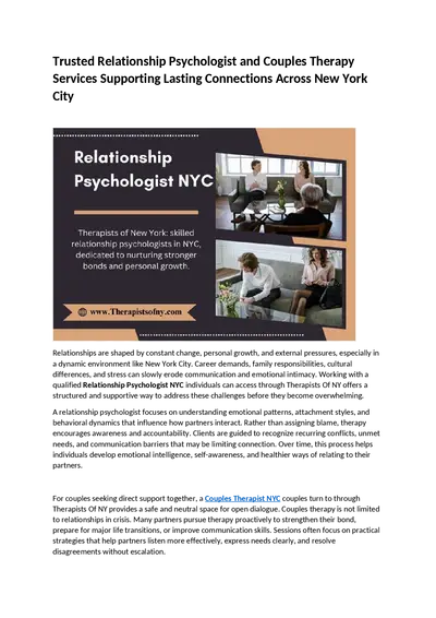 Trusted Relationship Psychologist and Couples Therapy Services Supporting Lasting Connections Across New York City