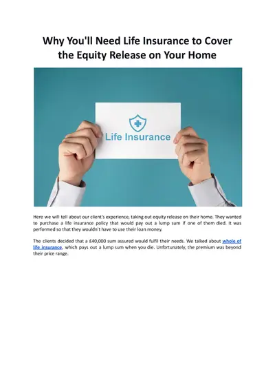 Why You will Need Life Insurance to Cover the Equity Release on Your Home - Mountview Financial Solutions