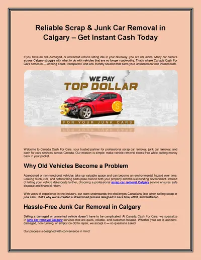 Reliable Scrap & Junk Car Removal in Calgary – Get Instant Cash Today