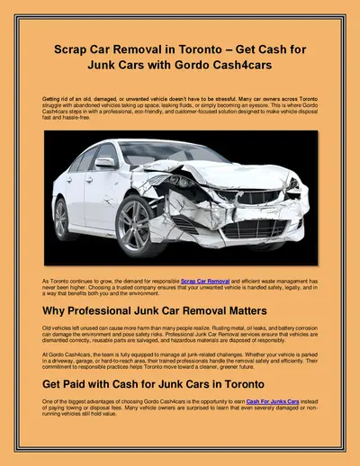 Scrap Car Removal in Toronto – Get Cash for Junk Cars with Gordo Cash4cars