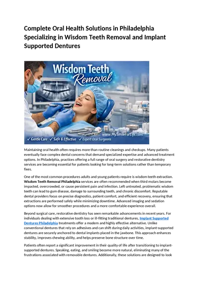 Complete Oral Health Solutions in Philadelphia Specializing in Wisdom Teeth Removal and Implant Supported Dentures