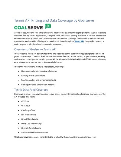 Tennis API Pricing and Data Coverage by Goalserve
