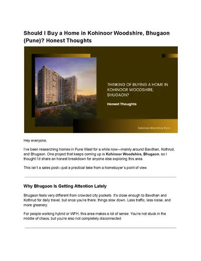 Should I Buy a Home in Kohinoor Woodshire, Bhugaon (Pune)? Honest Thoughts