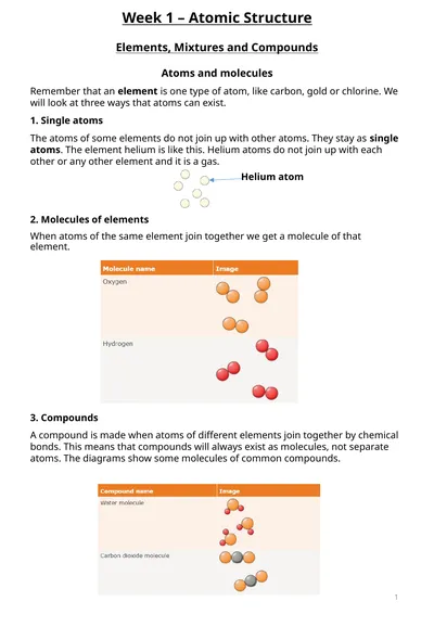 Week 1 – Atomic Structure Elements, Mixtures and