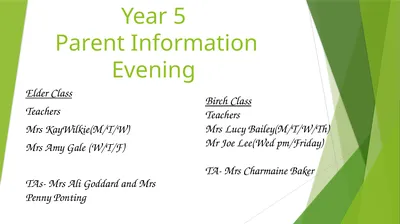 Year 5 Parent Information Evening Elder Class