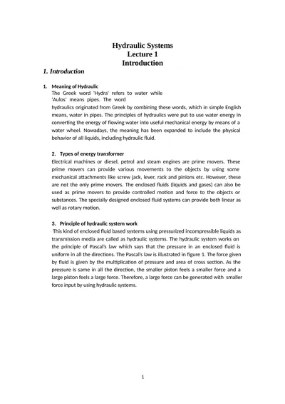 Hydraulic Systems Lecture 1 Introduction