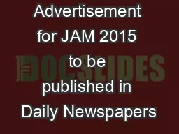 Short Advertisement for JAM 2015 to be published in Daily Newspapers