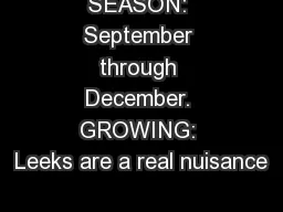 SEASON: September through December. GROWING: Leeks are a real nuisance