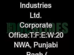 Sonear Industries Ltd. Corporate Office:T:F:E:W:20 NWA, Punjabi Bagh (