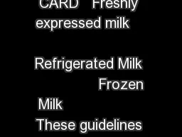 HUMAN MILK STORAGE QUICK REFERENCE CARD   Freshly expressed milk                Refrigerated Milk                Frozen Milk                   These guidelines are for milk expressed for a full term h