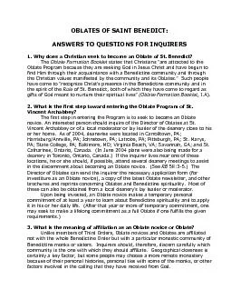 OBLATES OF SAINT BENEDICT: ANSWERS TO QUESTIONS FOR INQUIRERS 1. Why d