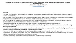 AN INVESTIGATION INTO THE USE OF TECHNOLOGY FOR TEACHING BY