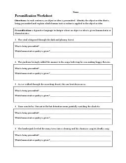 Name: _______________________________ Personification Worksheet  In ea
