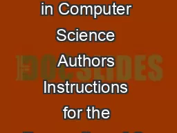Lecture Notes in Computer Science Authors Instructions for the Preparation of Ca