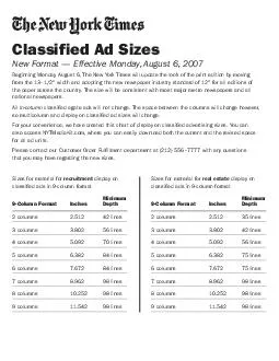 Classified Ad Sizes New Format  Effective Monday August   Beginning Monday August  The