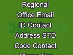 S No Name of Regional Office Email ID Contact Address STD Code Contact Phone Nos