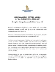 MR WILLIAM TAN RETIRES AS CEO OF SIA ENGINEERING COMPANY Mr Png Kim Ch
