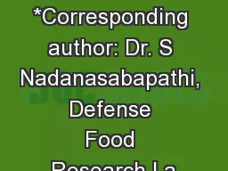 *Corresponding author: Dr. S Nadanasabapathi, Defense Food Research La