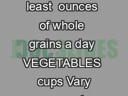 My Daily Food Plan GRAINS  ounces Make half your grains whole Aim for at least  ounces of whole grains a day VEGETABLES  cups Vary your veggies Aim for these amounts each week Dark green veggies    c
