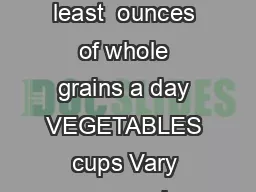 My Daily Food Plan GRAINS  ounces Make half your grains whole Aim for at least  ounces of whole grains a day VEGETABLES cups Vary your veggies Aim for these amounts each week Dark green veggies    cu