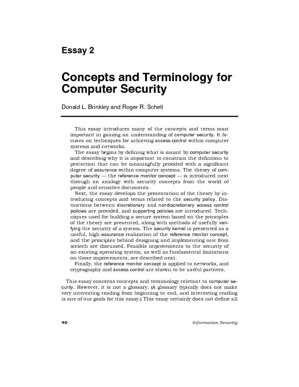 Concepts and Terminology for Computer Security Donald L. Brinkley and