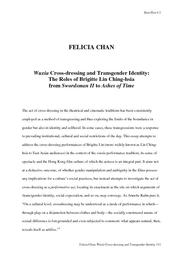 Felicia Chan: Wuxia Crossdressing and Transgender Identity