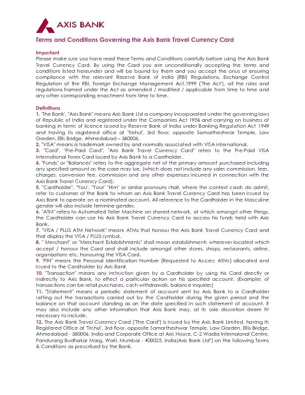Terms and Conditions Governing the Axis Bank