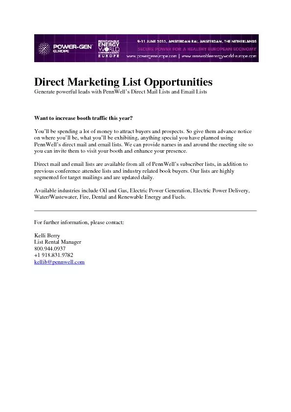 Direct Marketing List Opportunities Generate powerful leads with PennW